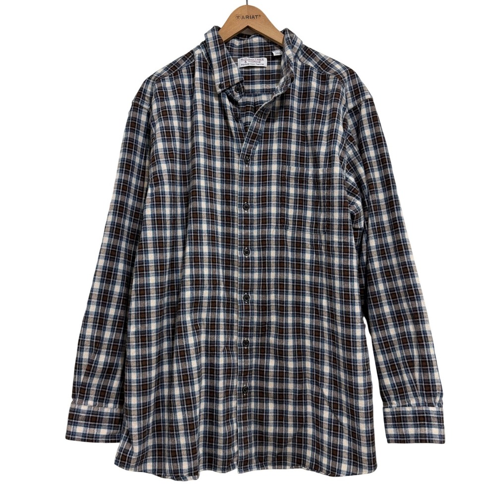 Roundtree & Yorke Mens 2XT Portuguese Flannel Plaid Button Down Shirt Brown Blue